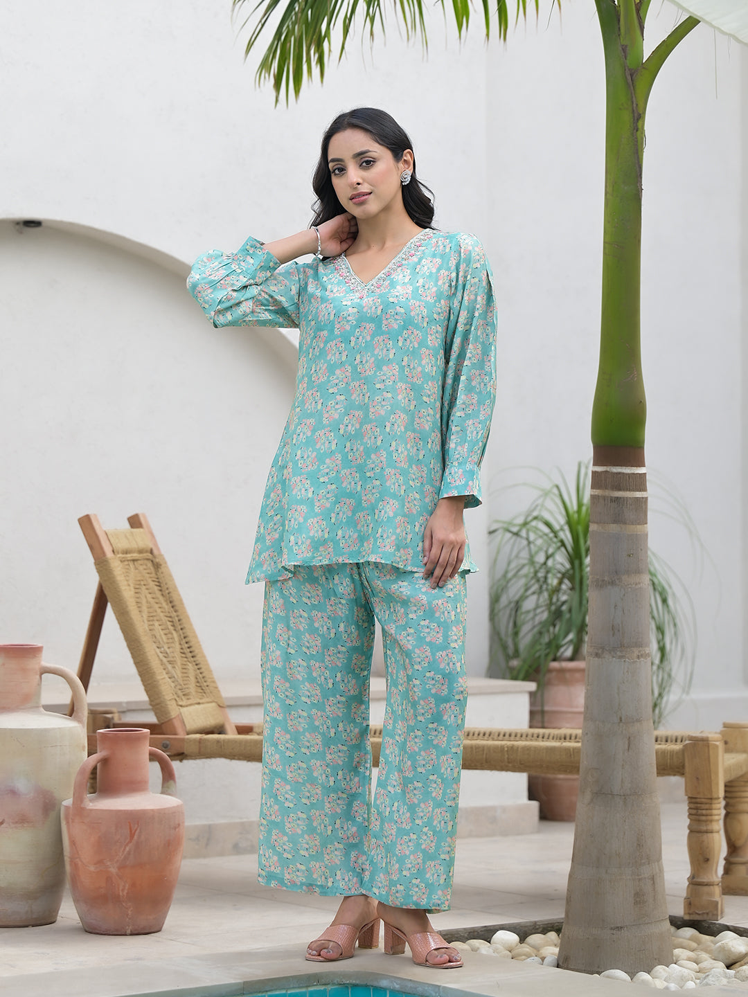 Divena Green Embroidered V-Neck Top With Trousers Co-Ords