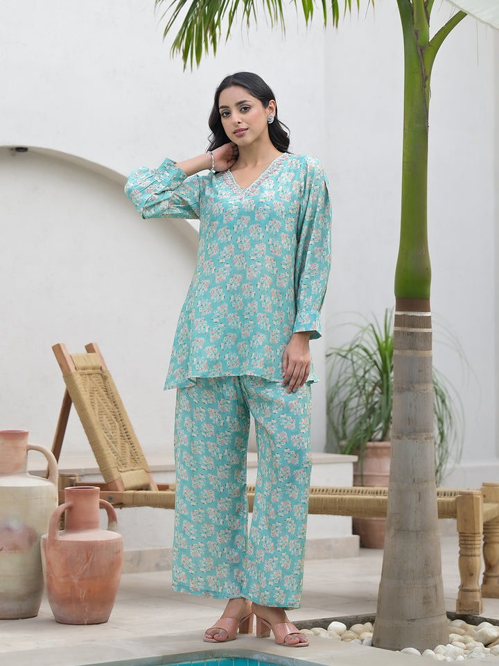 Divena Green Embroidered V-Neck Top With Trousers Co-Ords