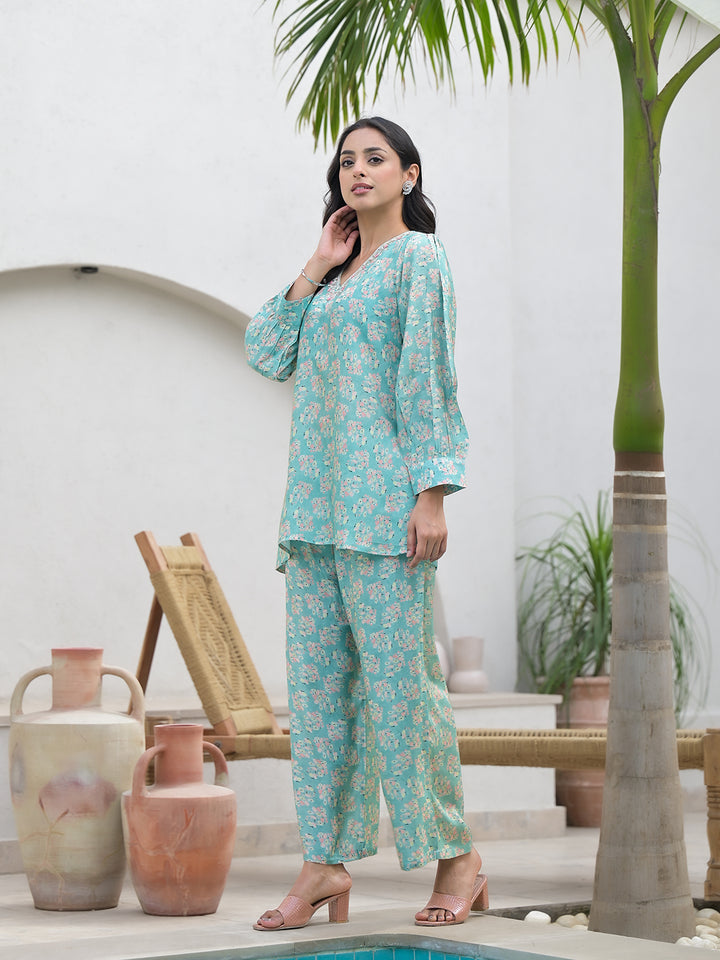 Divena Green Embroidered V-Neck Top With Trousers Co-Ords