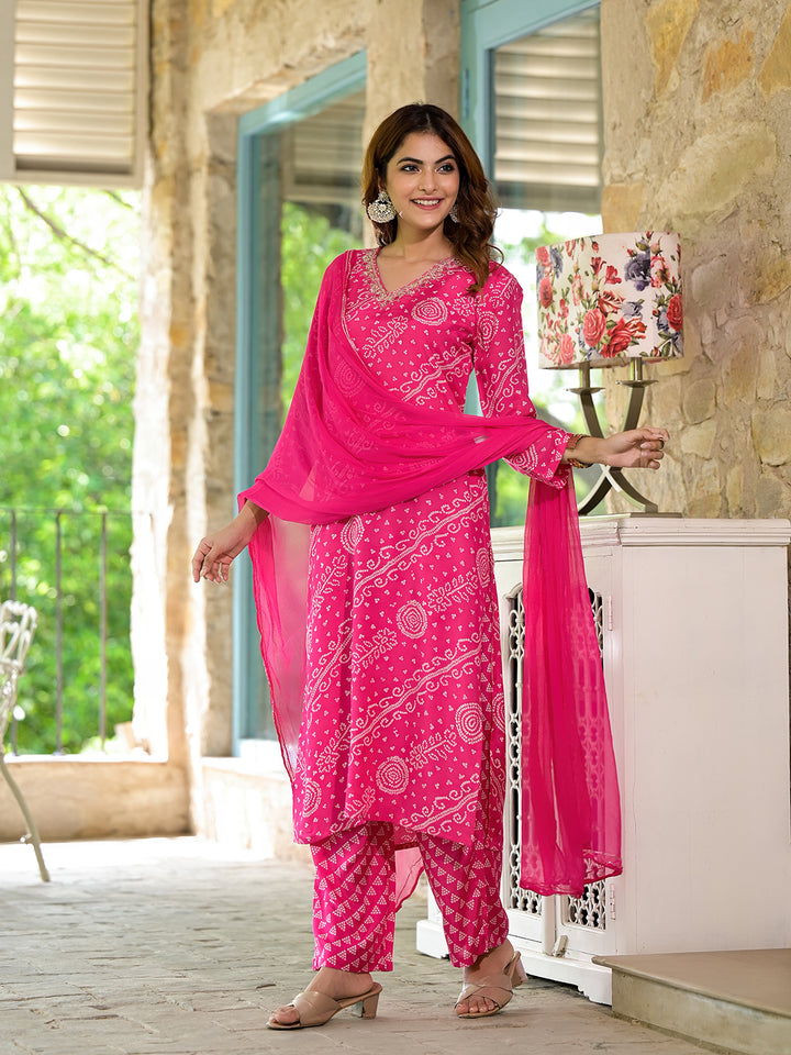 Divena Pink Bandhni Printed Zari Work Muslin Kurta Set