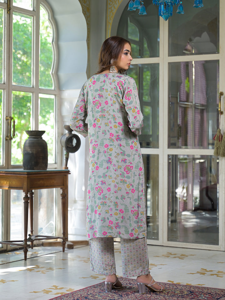Divena Light Grey Floral Print Muslin Kurta Trouser with Dupatta