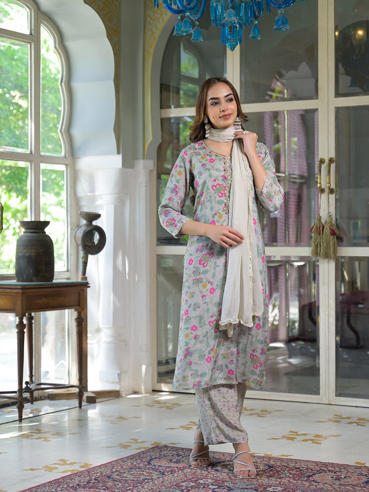 Divena Light Grey Floral Print Muslin Kurta Trouser with Dupatta