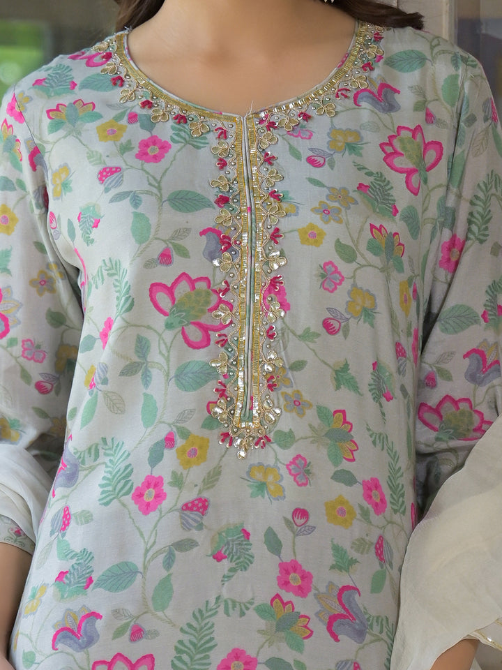 Divena Light Grey Floral Print Muslin Kurta Trouser with Dupatta
