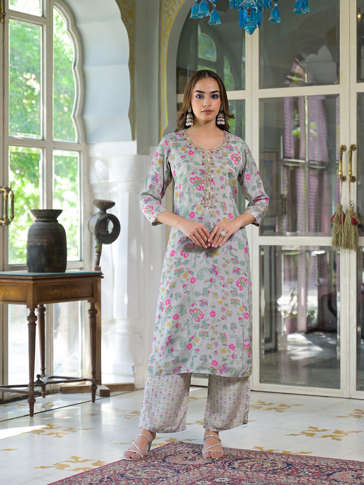 Divena Light Grey Floral Print Muslin Kurta Trouser with Dupatta