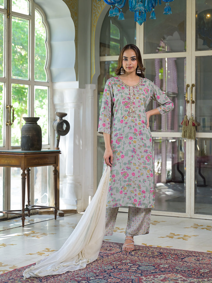 Divena Light Grey Floral Print Muslin Kurta Trouser with Dupatta
