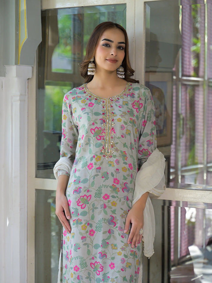 Divena Light Grey Floral Print Muslin Kurta Trouser with Dupatta