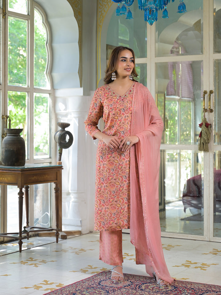 Divena Peach Floral Print Muslin Embroidred Kurta Trouser with Dupatta