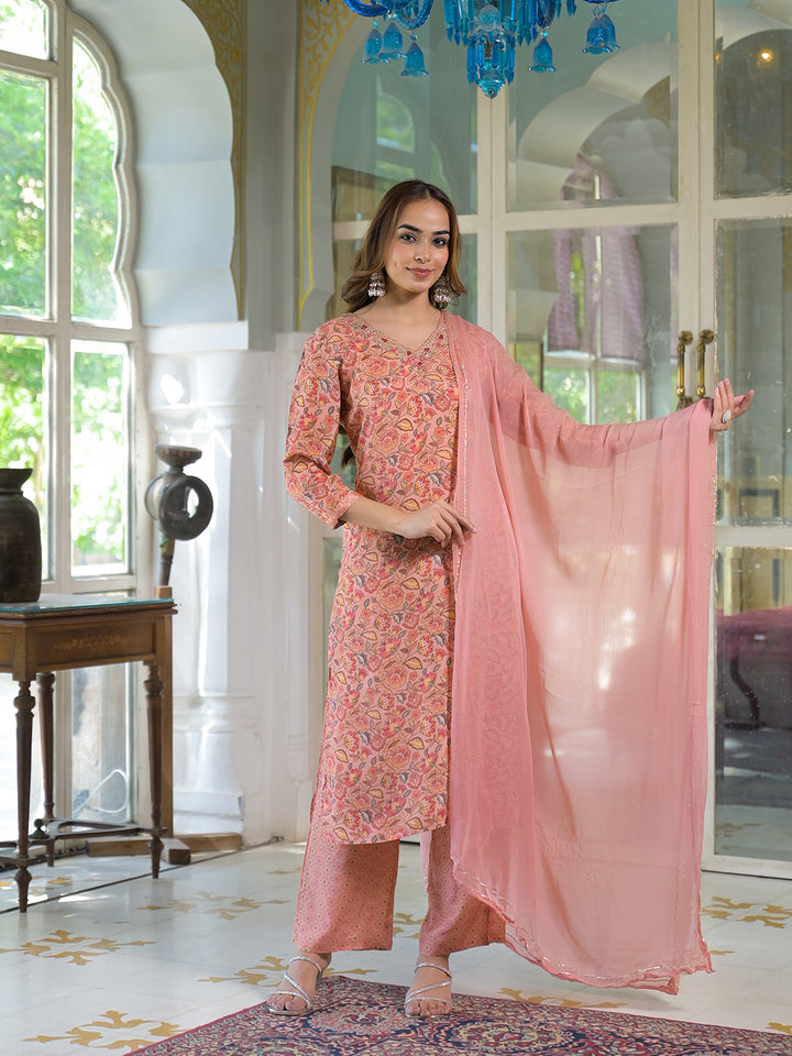 Divena Peach Floral Print Muslin Embroidred Kurta Trouser with Dupatta
