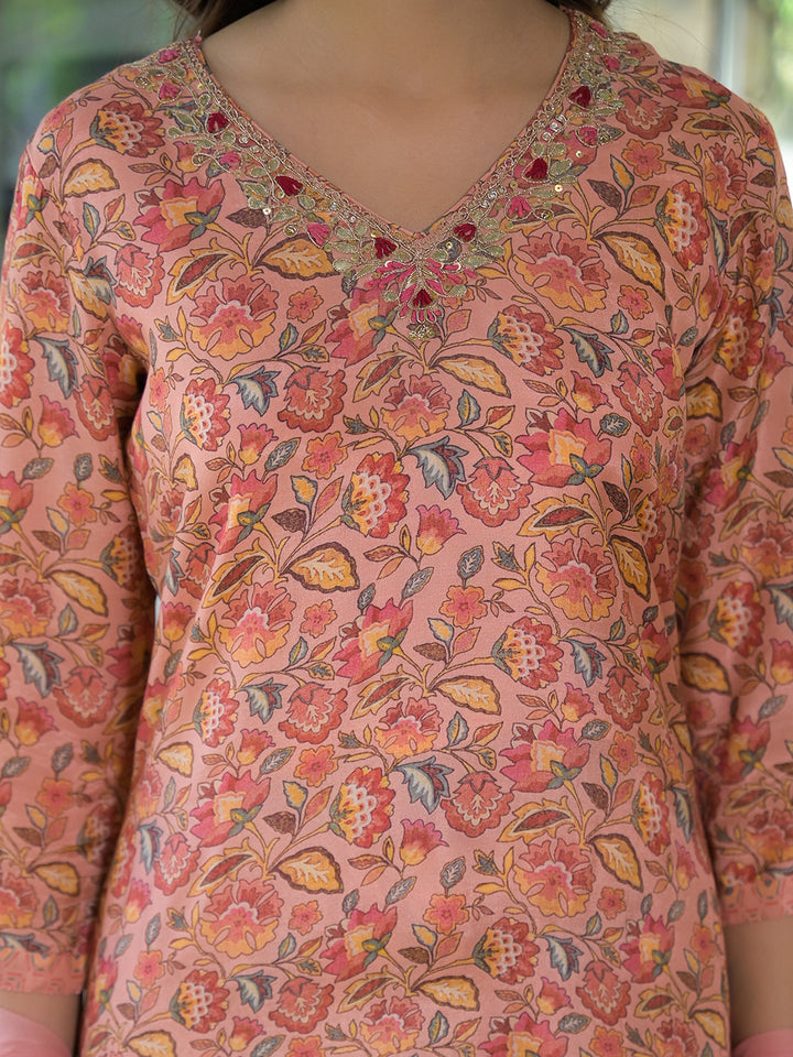 Divena Peach Floral Print Muslin Embroidred Kurta Trouser with Dupatta