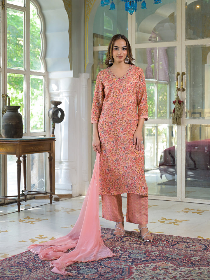 Divena Peach Floral Print Muslin Embroidred Kurta Trouser with Dupatta