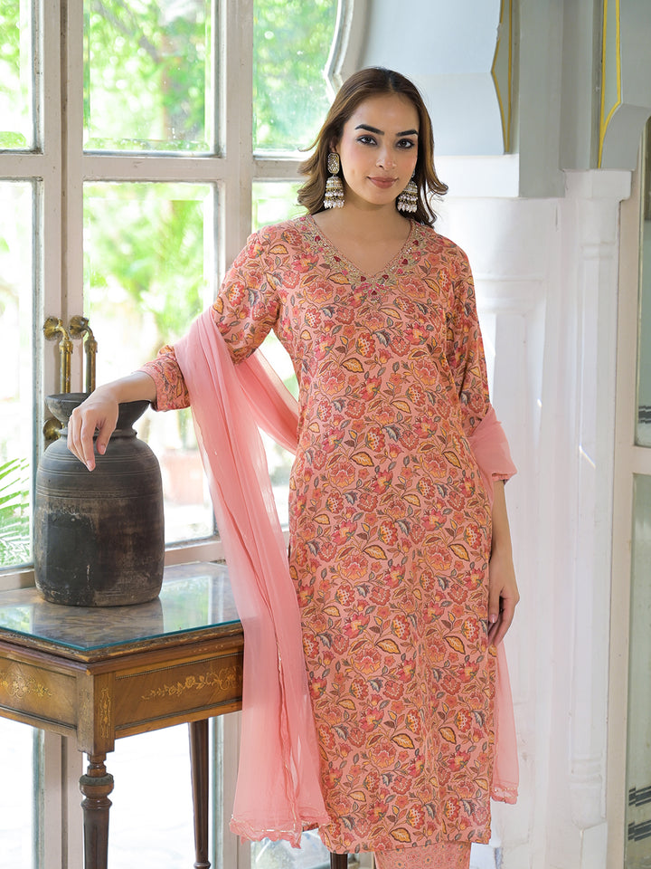 Divena Peach Floral Print Muslin Embroidred Kurta Trouser with Dupatta