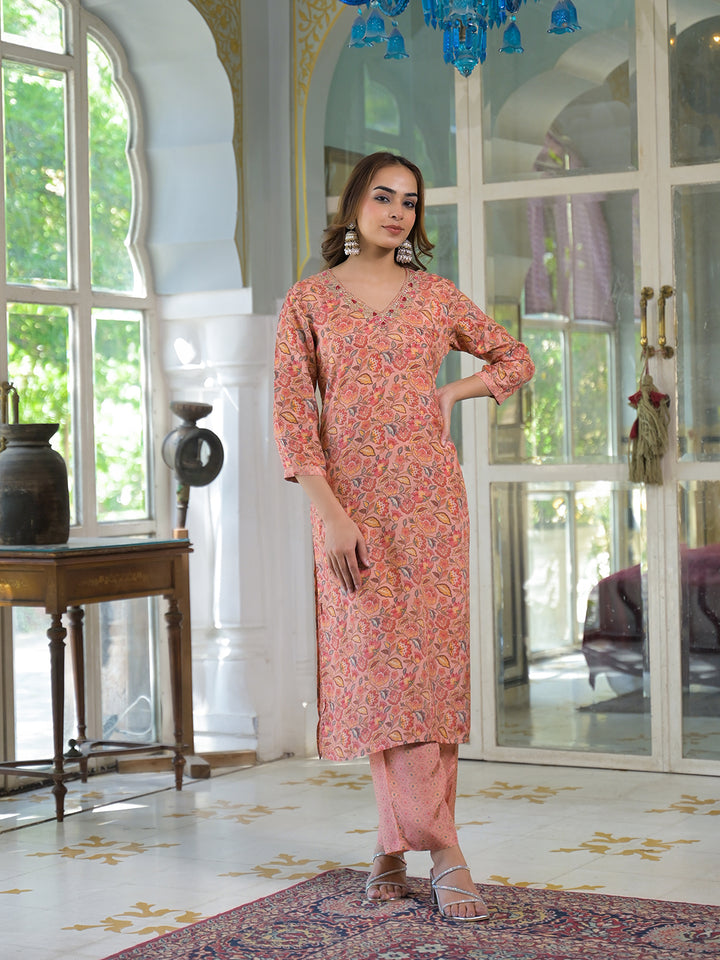 Divena Peach Floral Print Muslin Embroidred Kurta Trouser with Dupatta