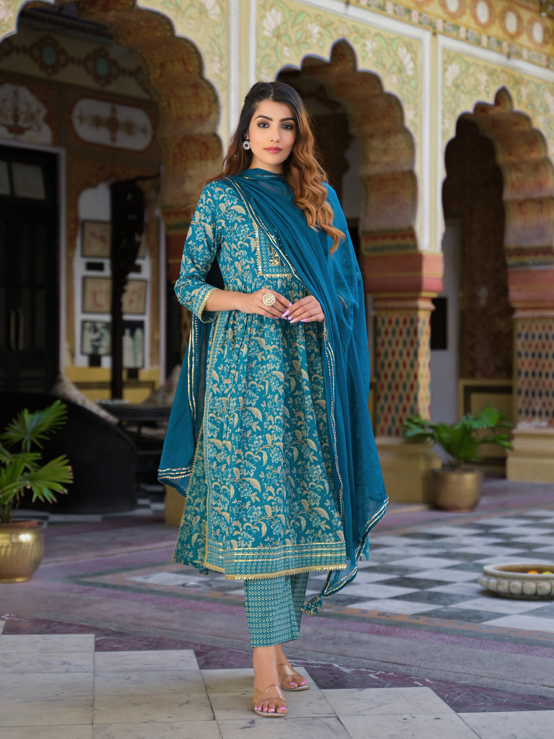 Divena Teal Green Floral Print Cotton Nyra Cut Kurta pants with Dupatta set
