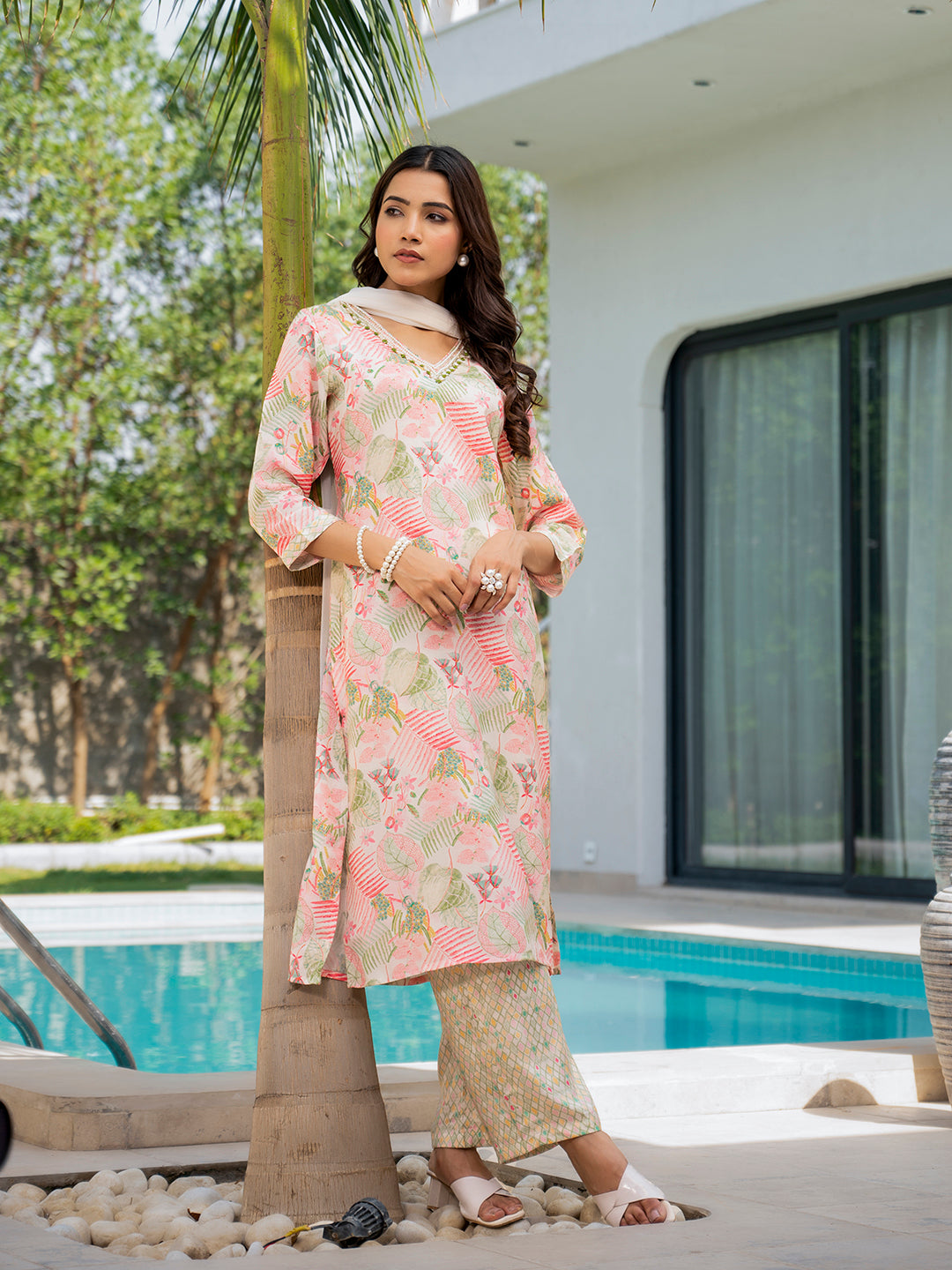 Divena Cream Embroidered & Floral Print Muslin Kurta Set