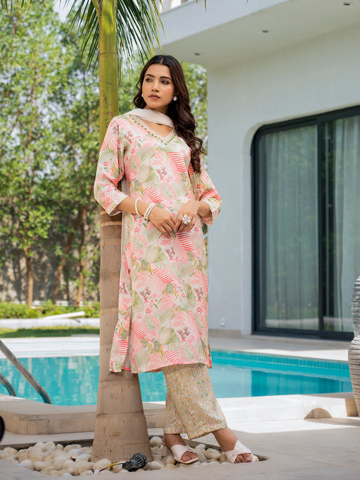 Divena Cream Embroidered & Floral Print Muslin Kurta Set