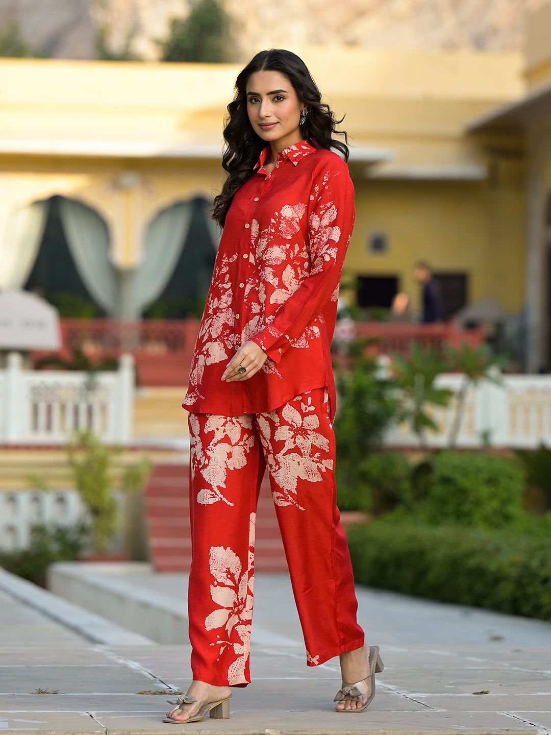 Divena Red Hand Painted Women Muslin Co-ord Set – divena world