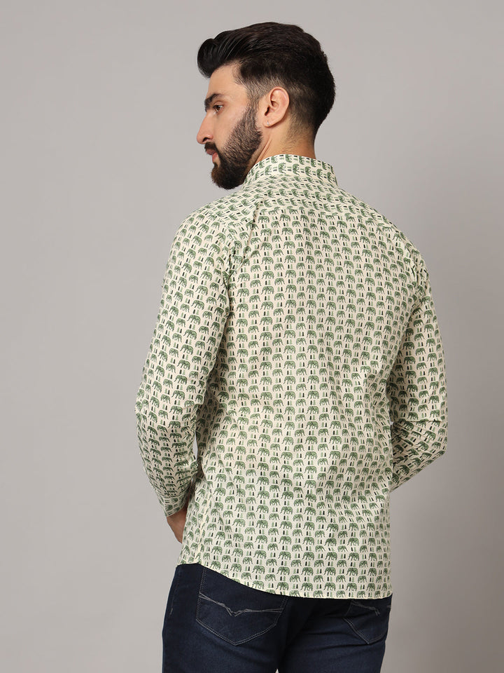 MILLENNIAL MEN Green Ethnic Motif Pure Cotton Regular Fit Casual Full Sleeve