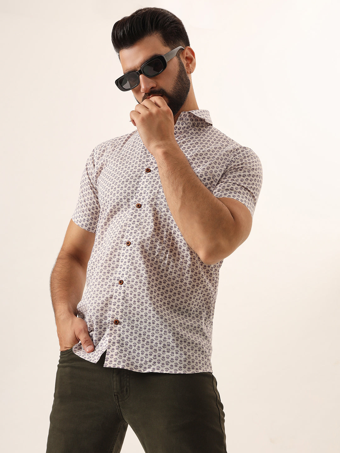 MILLENNIAL MEN Levender Ethnic Motif Pure Cotton Regular Fit 