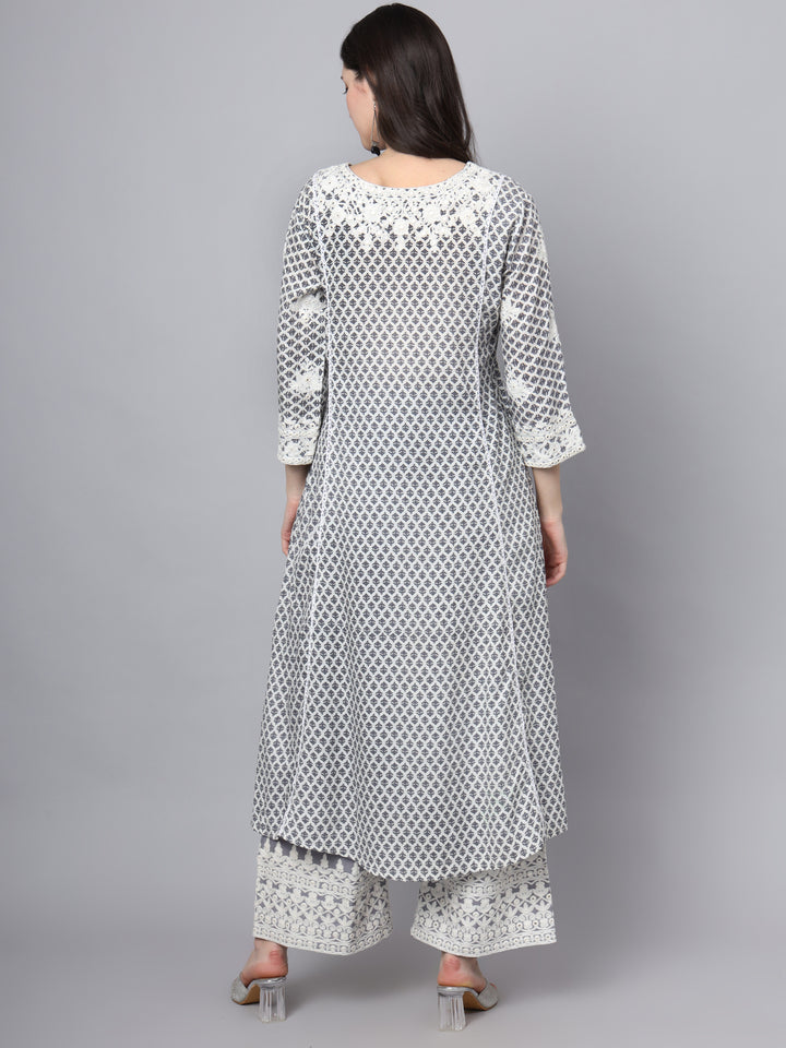 Divena White Blue Motif Print Rayon Kurta Palazzo Sets for Women