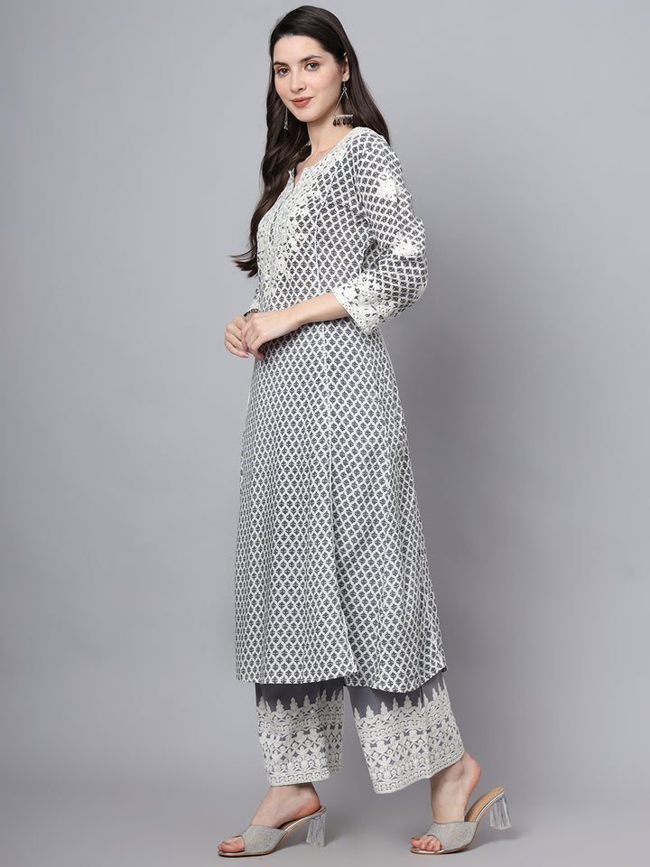 Divena White Blue Motif Print Rayon Kurta Palazzo Sets for Women