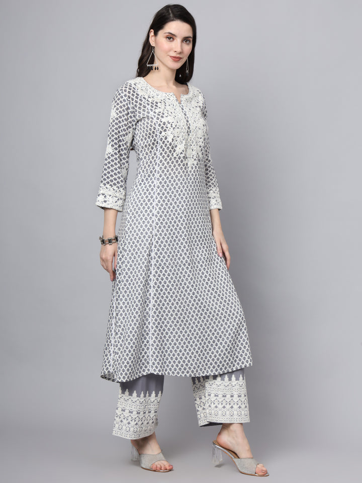 Divena White Blue Motif Print Rayon Kurta Palazzo Sets for Women