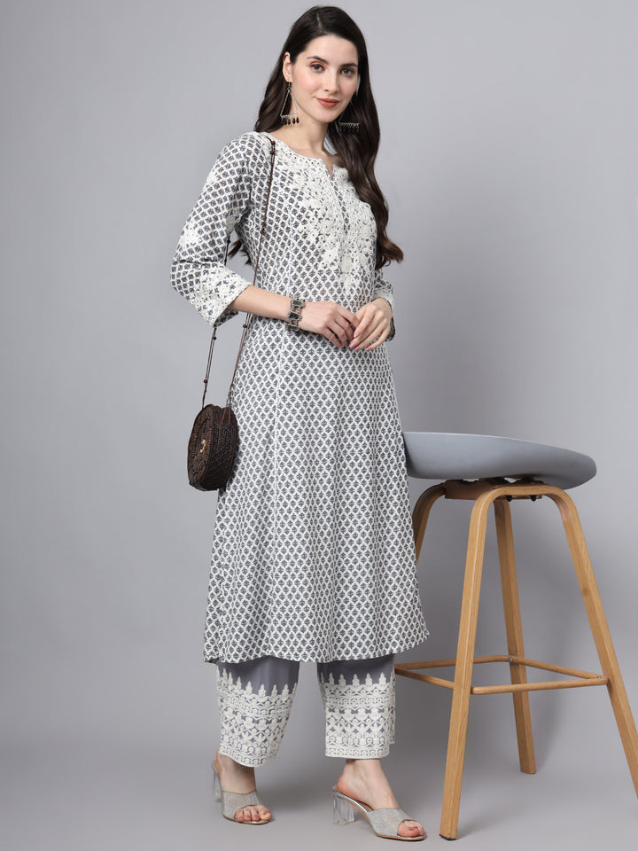 Divena White Blue Motif Print Rayon Kurta Palazzo Sets for Women
