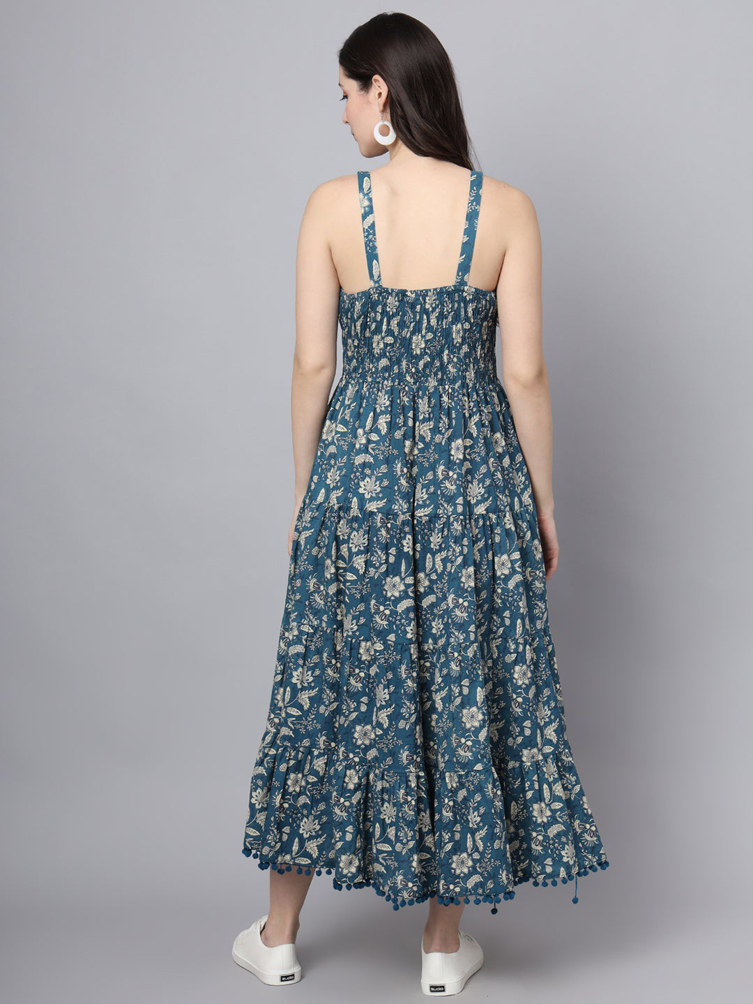 Divena Floral Printed Shoulder Straps Cotton Flared Dress