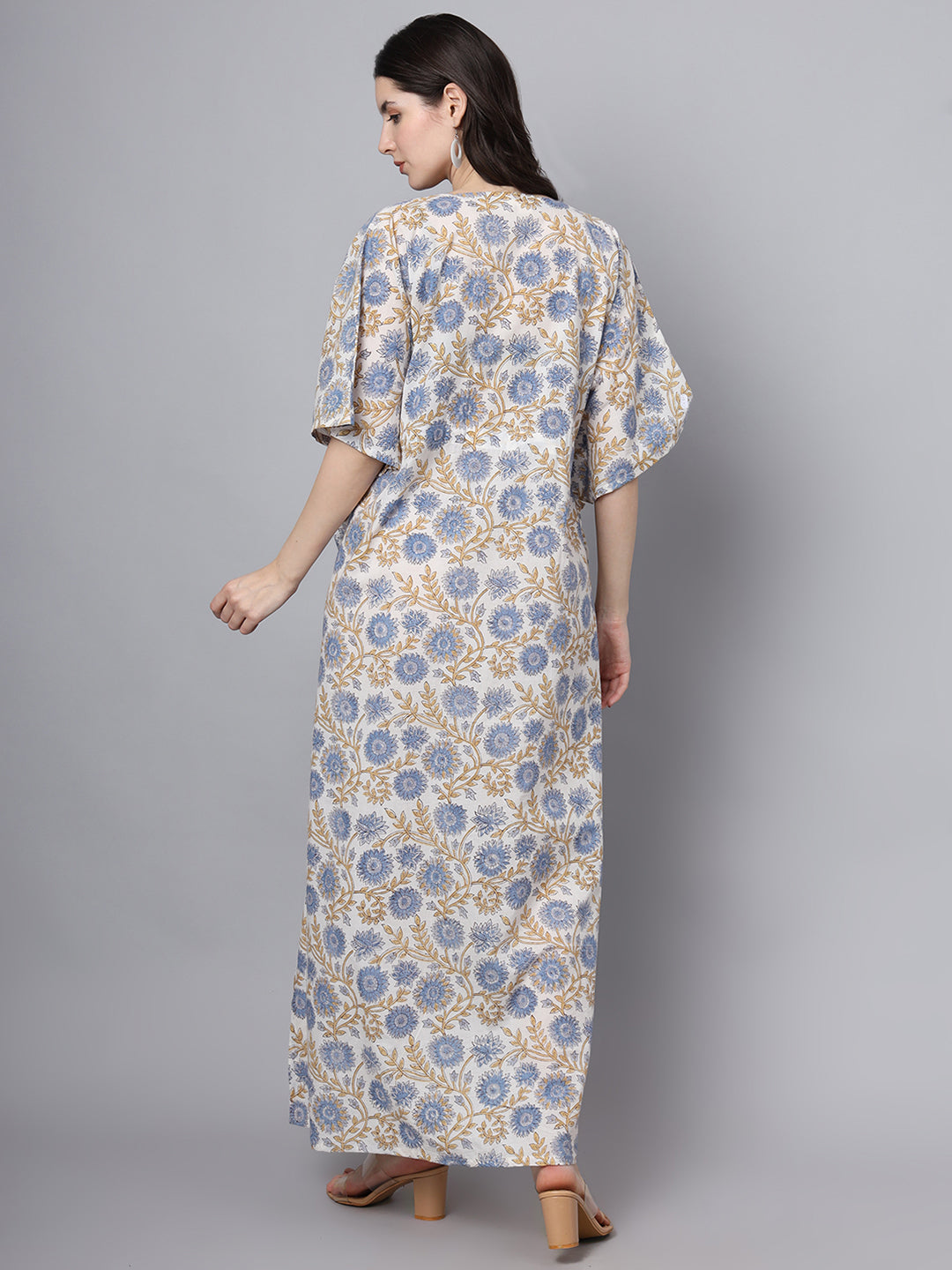 Divena White And Blue Floral Print Kaftan