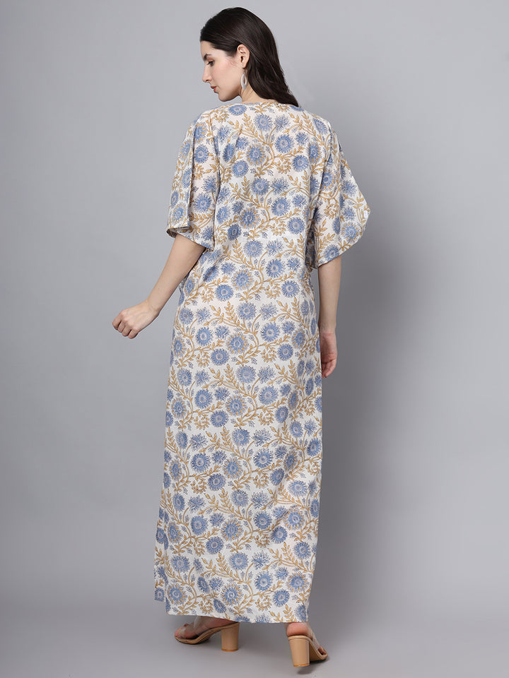Divena White And Blue Floral Print Kaftan