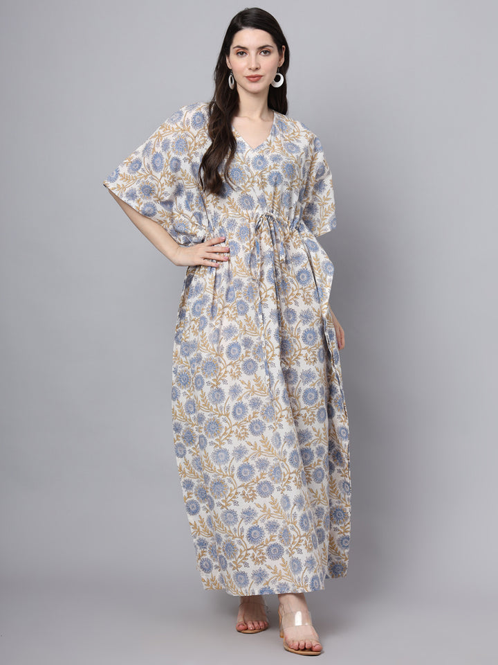 Divena White And Blue Floral Print Kaftan