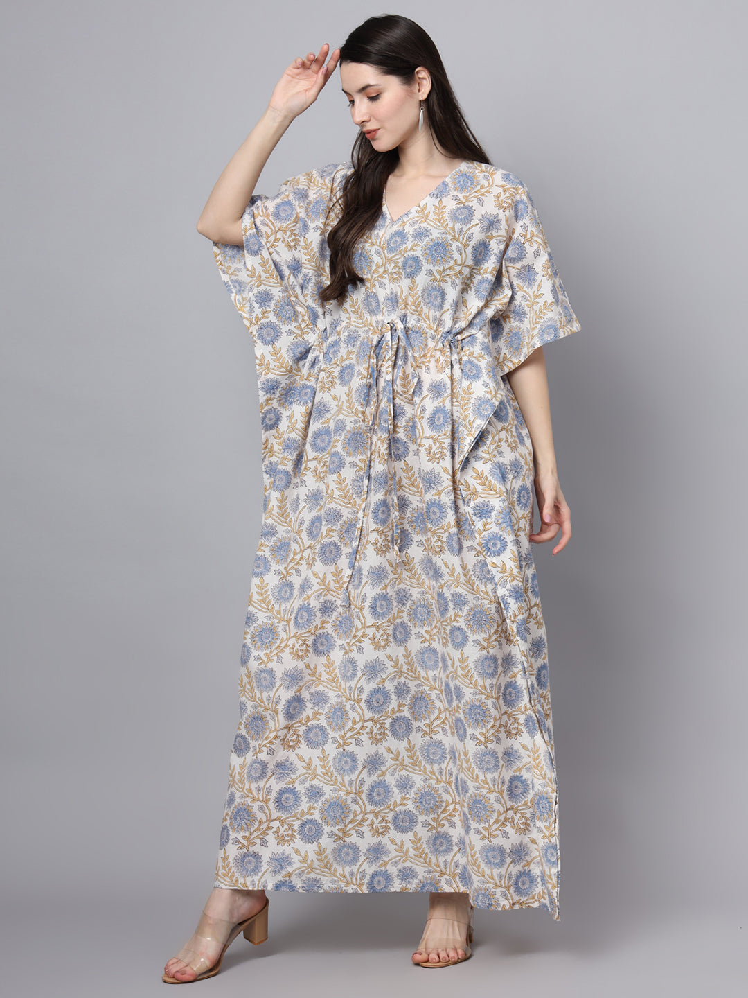 Divena White And Blue Floral Print Kaftan