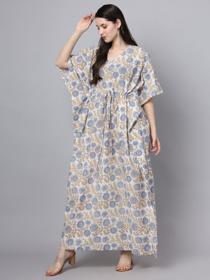 Divena White And Blue Floral Print Kaftan