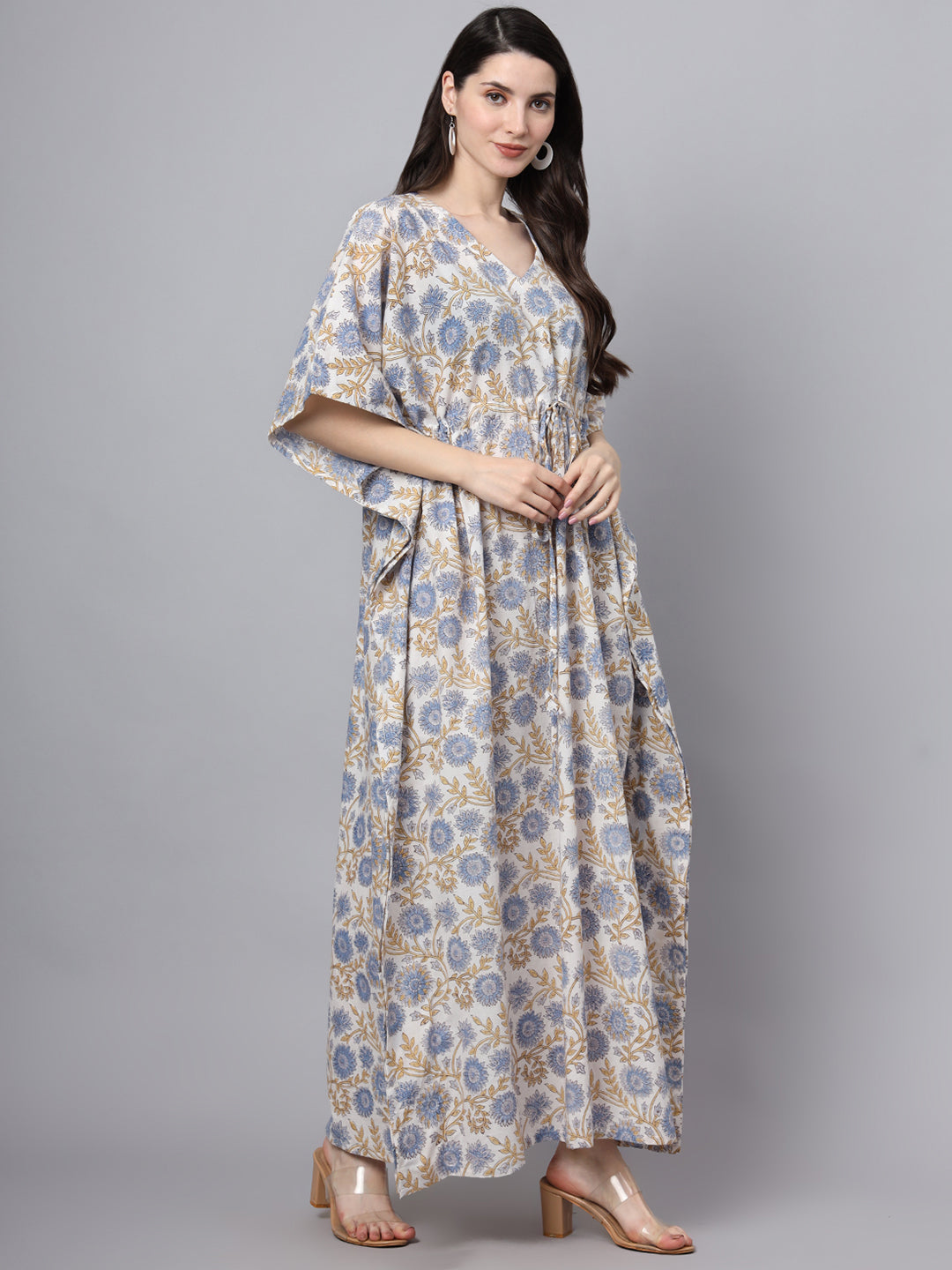 Divena White And Blue Floral Print Kaftan