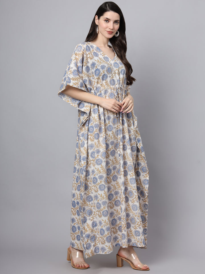 Divena White And Blue Floral Print Kaftan