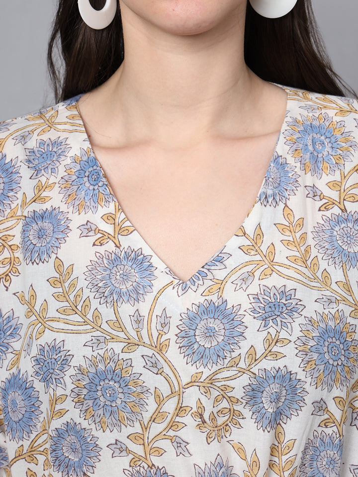 Divena White And Blue Floral Print Kaftan