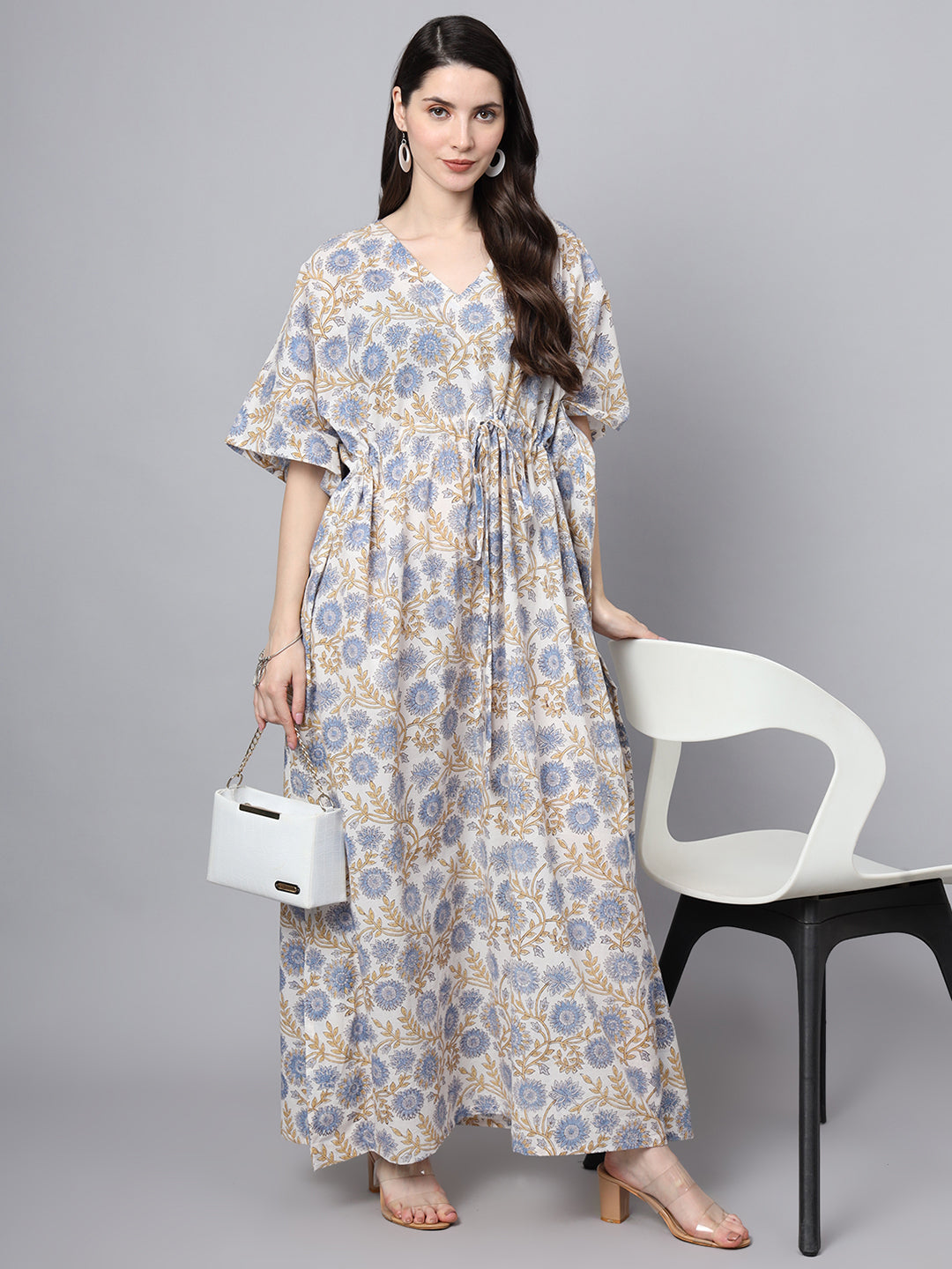 Divena White And Blue Floral Print Kaftan