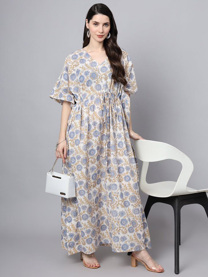 Divena White And Blue Floral Print Kaftan