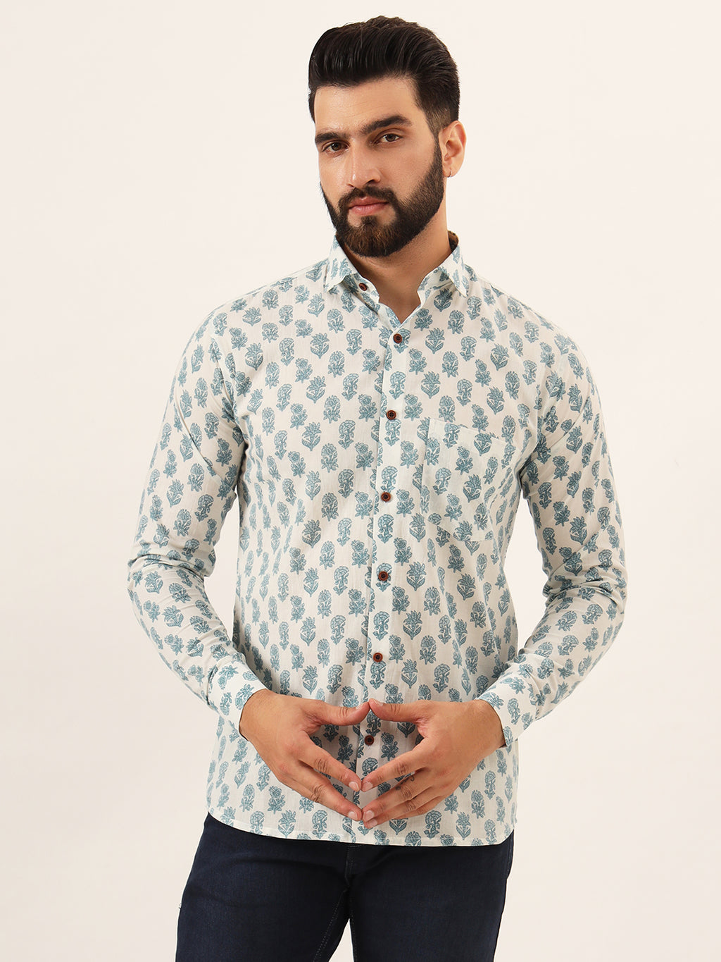 Men's White Comfort Floral Printed Cotton Casual Shirt