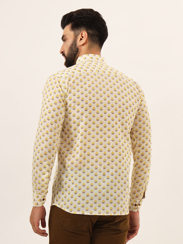 MILLENNIAL MEN Yellow Floral Print Pure Cotton Regular Fit Casual Shirt