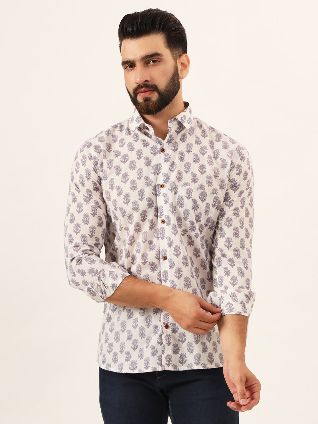 MILLENNIAL MEN White Purple Ethnic Motif Print Pure Cotton Full Sleeve Men Shirt