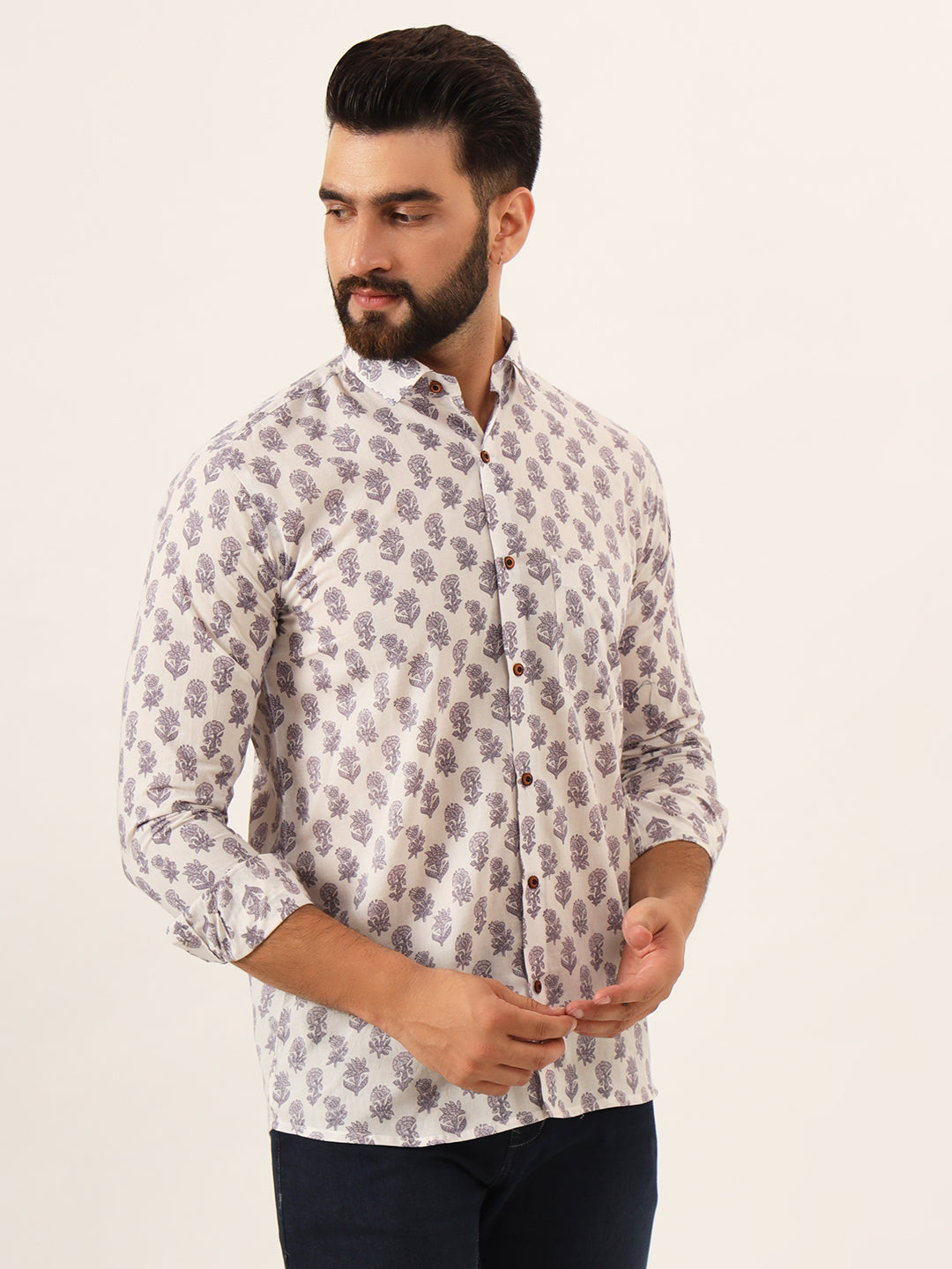 MILLENNIAL MEN White Purple Ethnic Motif Print Pure Cotton Full Sleeve Men Shirt