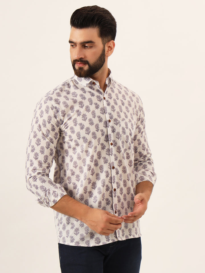 MILLENNIAL MEN White Purple Ethnic Motif Print Pure Cotton Full Sleeve Men Shirt
