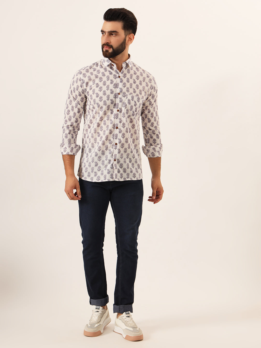 MILLENNIAL MEN White Purple Ethnic Motif Print Pure Cotton Full Sleeve Men Shirt