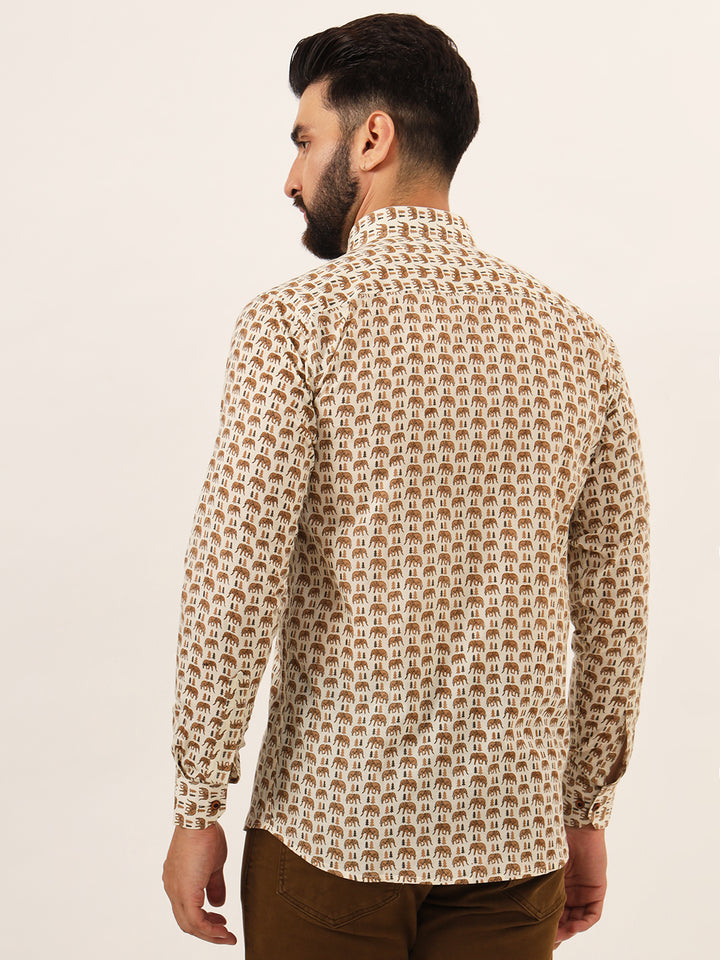 MILLENNIAL MEN Cream Quirky Print Pure Cotton Regular Fit Casual Shirt