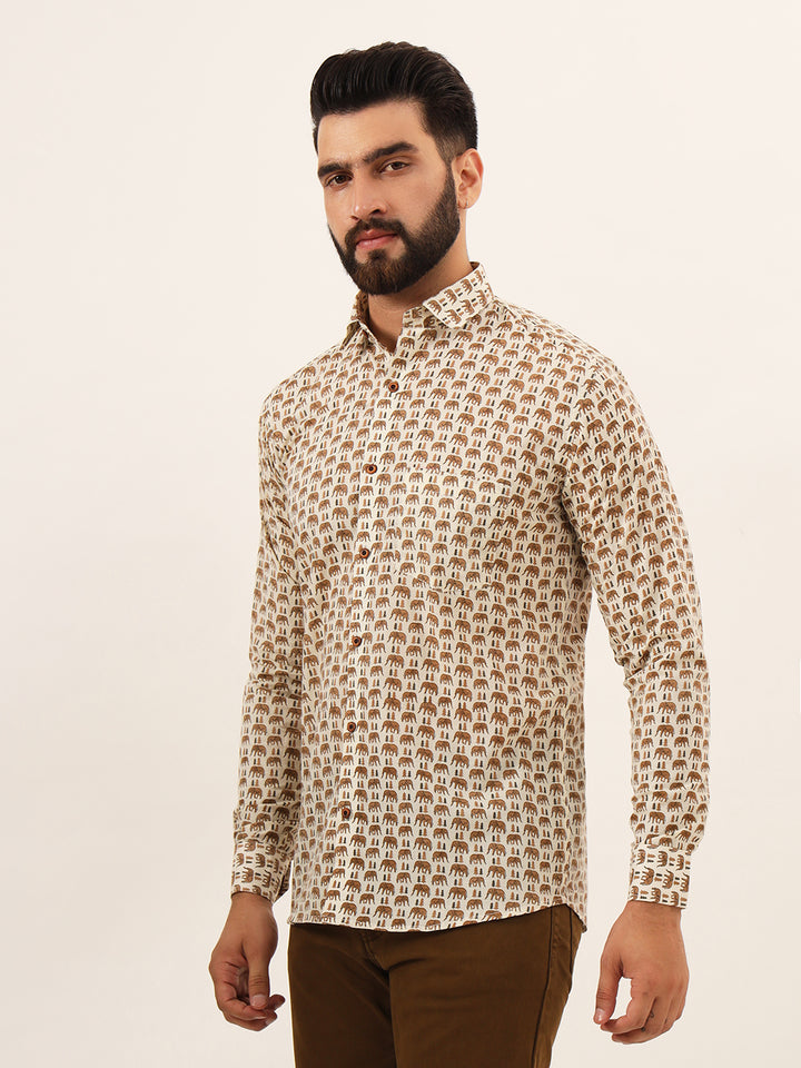 MILLENNIAL MEN Cream Quirky Print Pure Cotton Regular Fit Casual Shirt