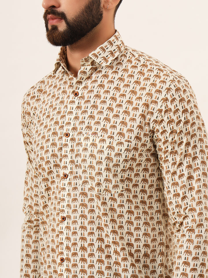 MILLENNIAL MEN Cream Quirky Print Pure Cotton Regular Fit Casual Shirt
