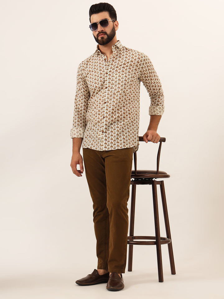 MILLENNIAL MEN Cream Quirky Print Pure Cotton Regular Fit Casual Shirt