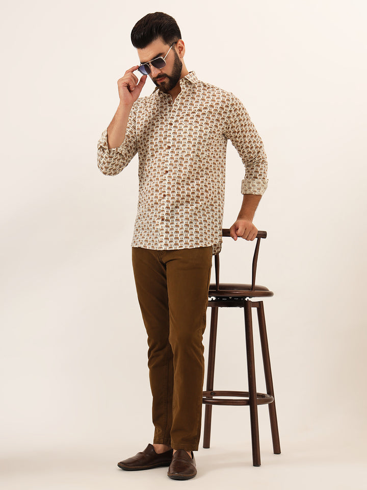 MILLENNIAL MEN Cream Quirky Print Pure Cotton Regular Fit Casual Shirt