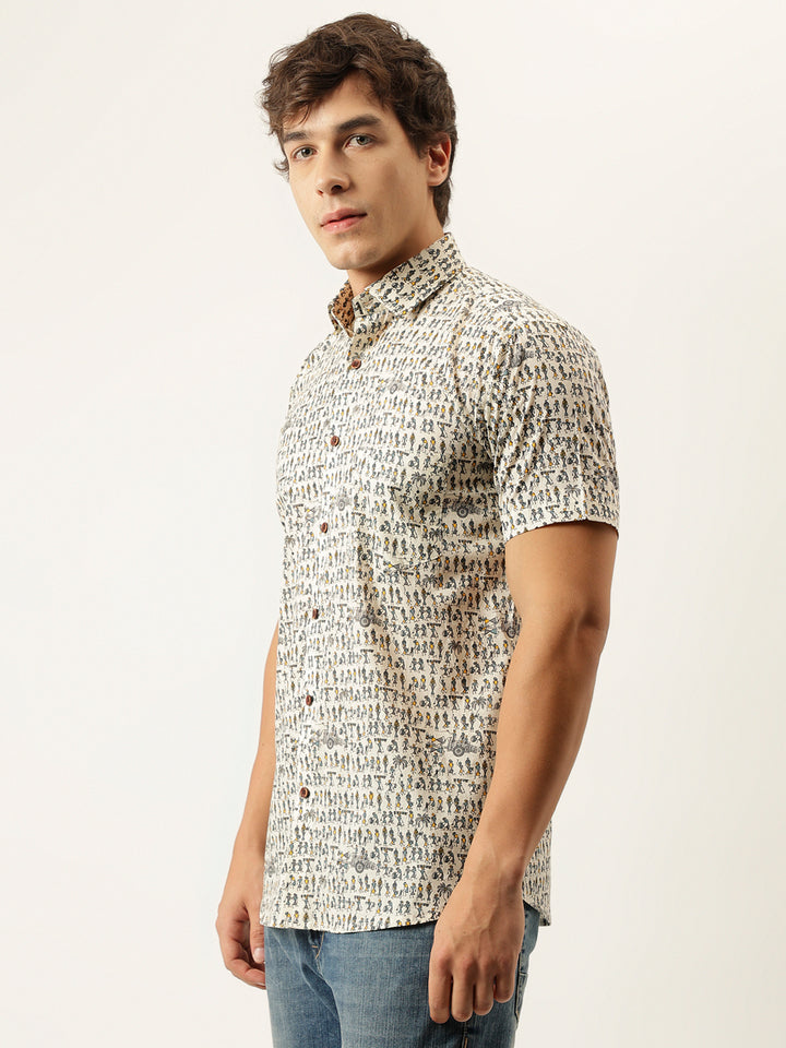 Millennial Men White Printed Cotton Half Sleeve Shirts