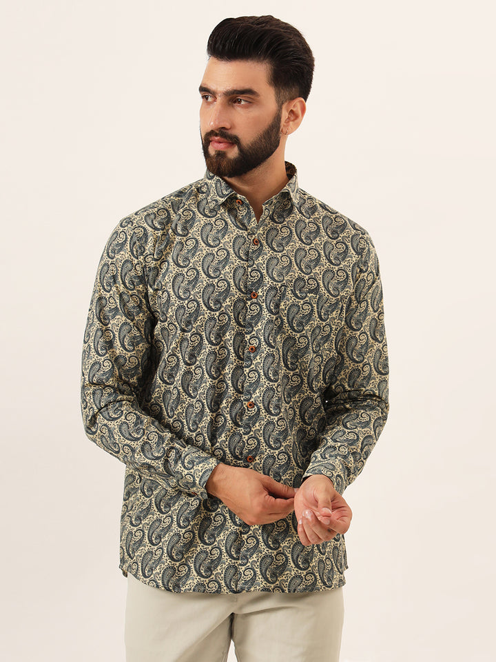 MILLENNIAL MEN Beige Paisley Print Pure Cotton Regular Fit Casual Full Sleeve